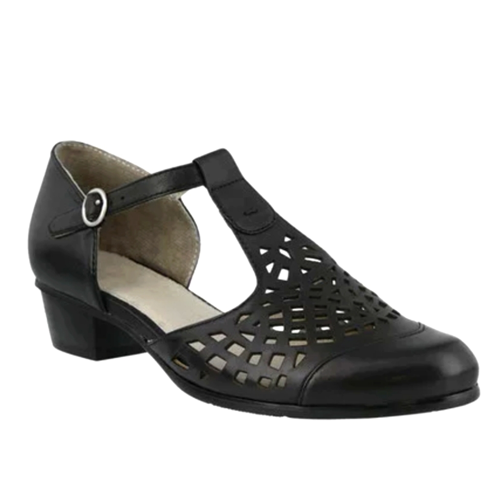 Spring Step Black Maiche Laser Cut Genuine Leather T- Strap Pump Size 38-7.5/8